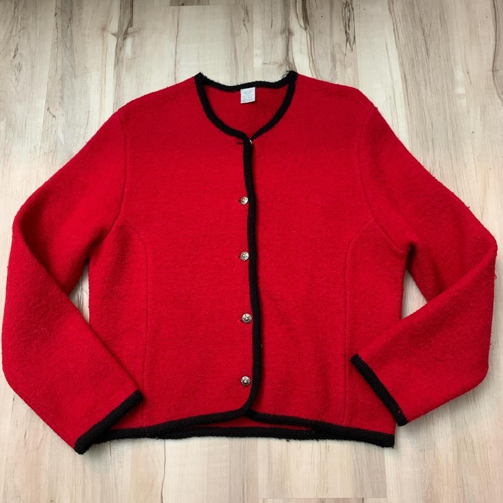Vintage Red Boiled Wool Suit Jacket Silver Buttons Black Trim Size 5/6